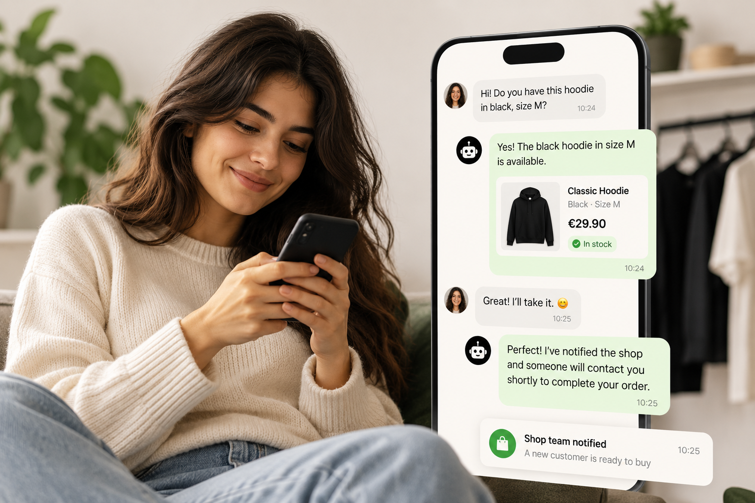 Customer using Teneqja to ask a shop about a product on WhatsApp